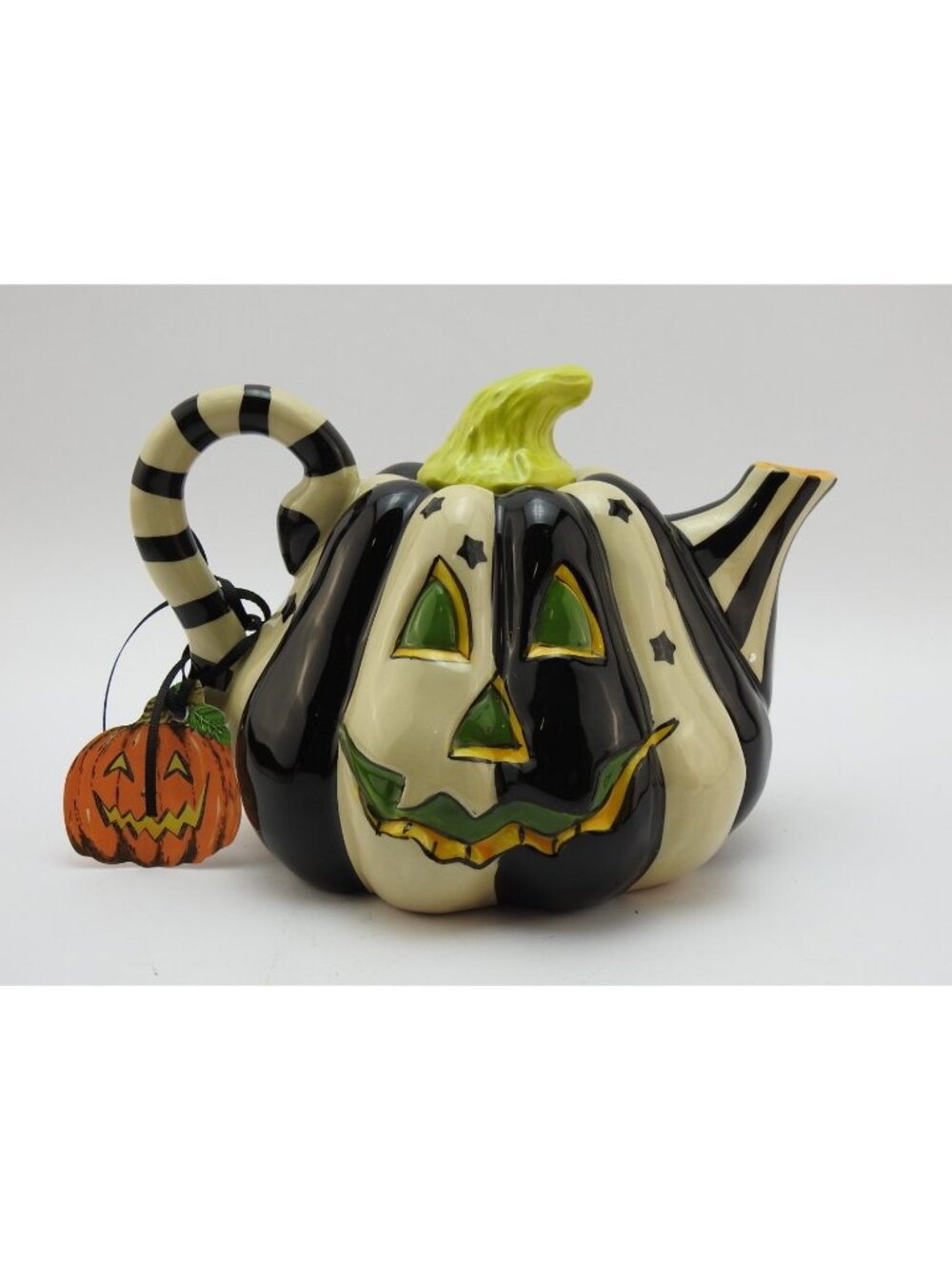 Blue Sky Clayworks Halloween Pumpkin Teapot Black White Striped New Whimsical